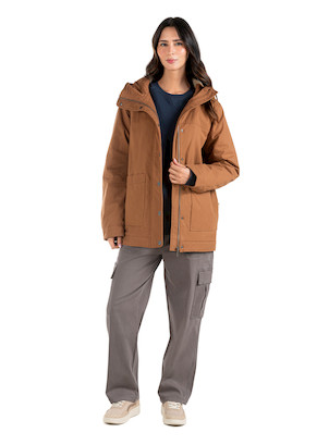 Chaqueta de mujer color camel, estilo casual, fabricada en algodón grueso, ideal para climas fríos.