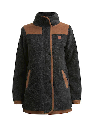 Chaqueta negra de mujer estilo casual, confeccionada en poliéster con texturas cálidas.