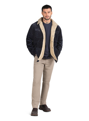 Chaqueta azul marino de hombre, estilo casual, fabricada en 98% algodón y 2% spandex.