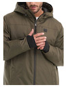 Parka en color oliva para hombre, diseño funcional con gorro ajustable y cordones elásticos para protección adicional.