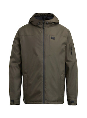 Parka de hombre en oliva, estilo casual, con bolsillos con cierre para mantener pertenencias seguras.
