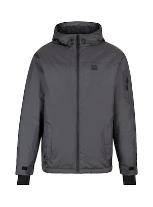 Vista detallada de la capucha ajustable de la parka gris para hombre.
