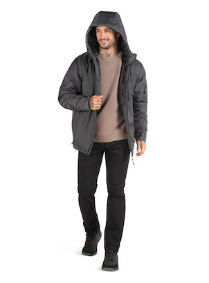 Parka gris de hombre, casual y acolchada, ideal para actividades al aire libre.