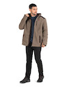Chaqueta casual taupe para hombre, con diseño híbrido de vellón grueso jaspeado en beige y crema.