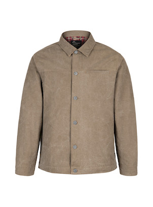 Chaqueta de hombre taupe con cierre de botones metálicos, diseño sobrio y elegante para ocasiones informales.