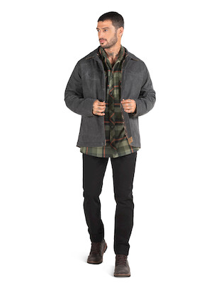 Chaqueta gris de hombre casual de algodón con diseño minimalista y acabado mate.
