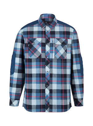 Vista de la camisa en tonos azules, mostrando su corte clásico y cuello estructurado.