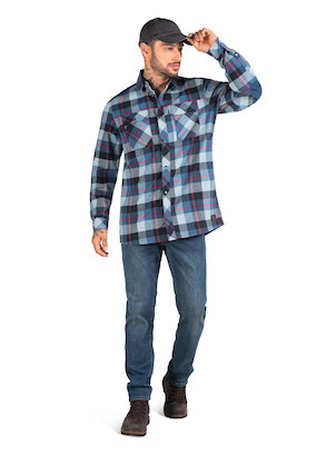 Camisa azul de hombre en algodón con detalles en nylon, diseño a cuadros para un estilo casual.
