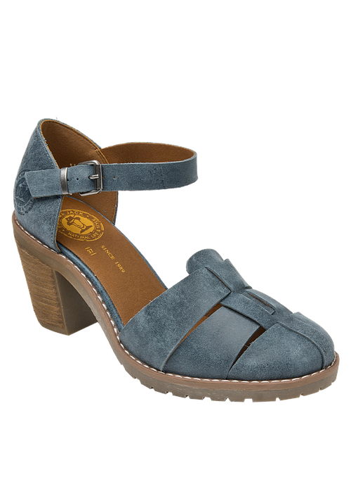 Tacón de madera robusta del zapato de mujer en cuero azul, destacando su diseño rústico.