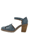 Vista lateral del zapato de mujer en cuero azul con tiras trenzadas y aberturas laterales.
