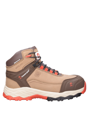 Zapato de seguridad beige de hombre, con refuerzos sintéticos, perfecto para actividades laborales.