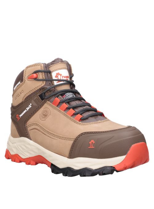 Calzado de seguridad beige para hombre, confeccionado en cuero nubuck, recomendado para trabajo.