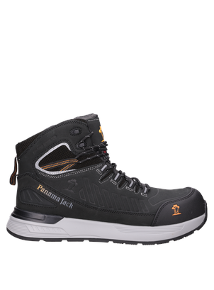 Zapato de seguridad negro para hombre, detalles reflectantes, combina protección y estilo funcional.