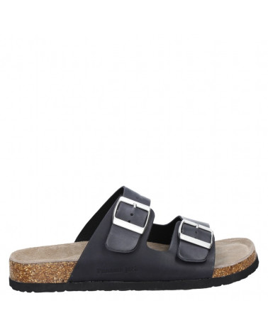 Ideal para eventos casuales, esta sandalia de cuero negro ofrece comodidad en actividades prolongadas al aire libre.