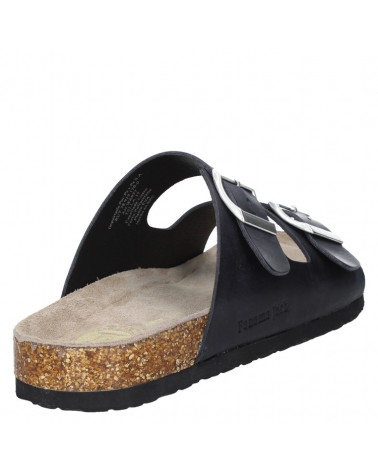 Sandalia negra de cuero estilo casual, adecuada para salidas informales, con soporte confortable y diseño atemporal.