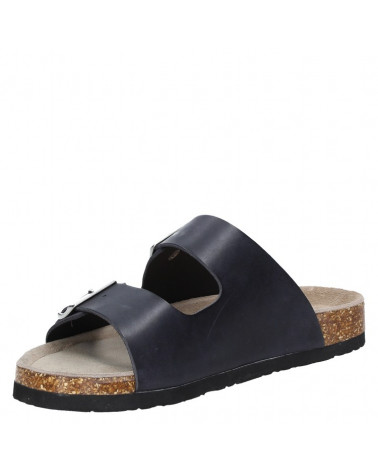 Sandalia casual de cuero negro para mujer, estilo Birkenstock, con tiras anchas y hebillas metálicas.