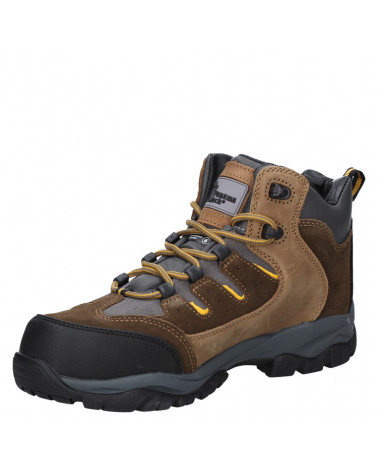 Zapato de seguridad beige para hombre, cuero, taco plano, altura de caña 13 cm.