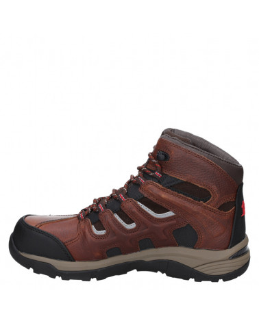 Zapato de seguridad moderno café, taco plano y caña alta de 14 cm.