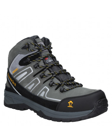 Calzado de seguridad gris para hombre, con refuerzo en puntera y talón, perfecto para caminatas y excursiones.