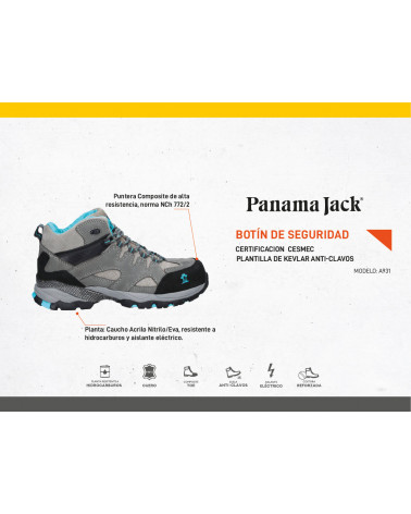 Zapato gris de seguridad para mujer con diseño robusto, sistema de cordones entrecruzados y ojales reforzados.